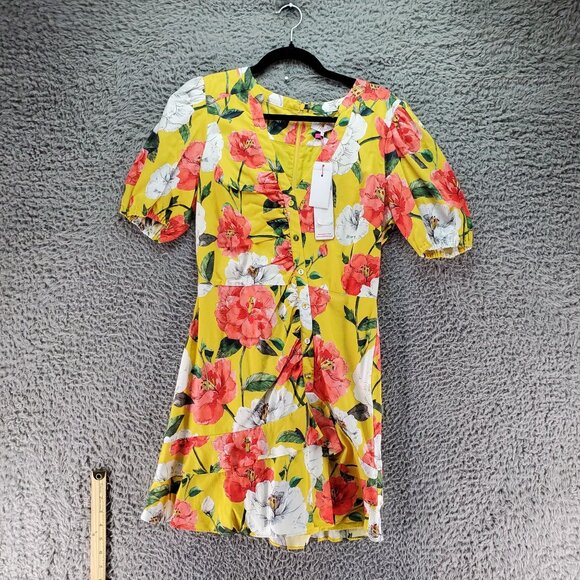 Parker Dress Wiomens 10 Yellow Floral Knee Length Short Puff Sleeve *NWT* - Picture 1 of 9
